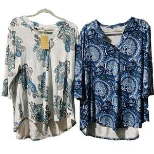 VERABENDI‎ Paisley Print Tunic Blouse Plus XL Fit V-Neck 3/4 Sleeve Blue White